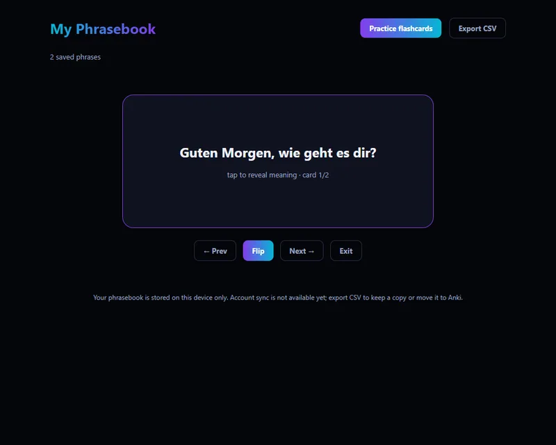 The phrasebook page: two saved lines with their video link and date, delete links, and the buttons Practice flashcards and Export CSV; a note says the phrasebook is stored on this device only.